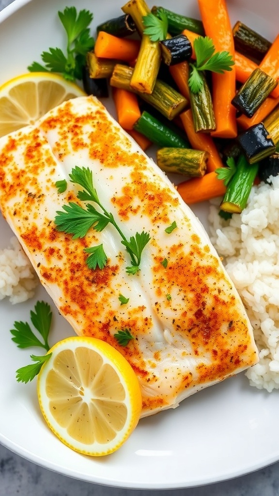Crispy air fryer white fish fillet with lemon and parsley on a plate with vegetables and rice.